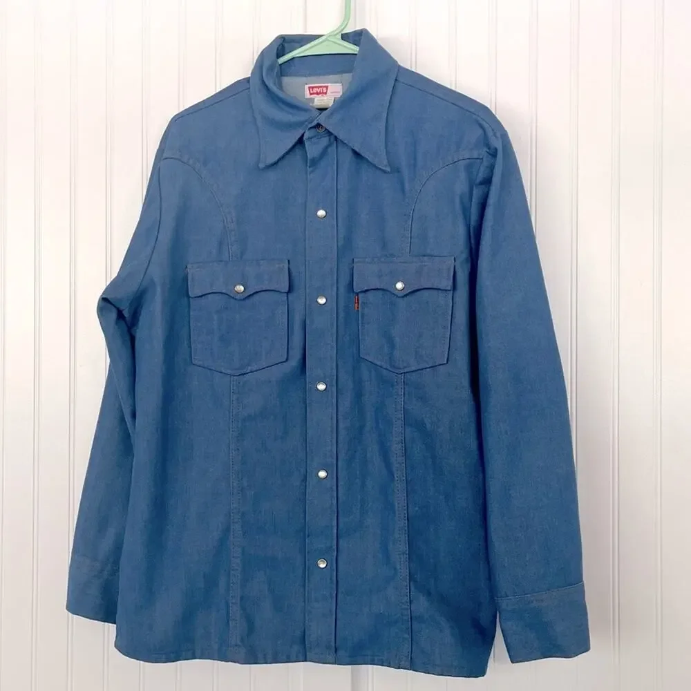 Vintage 60s 70s Levi’s Orange Tab Western Pearl Snap Denim Shirt Size Large Blue